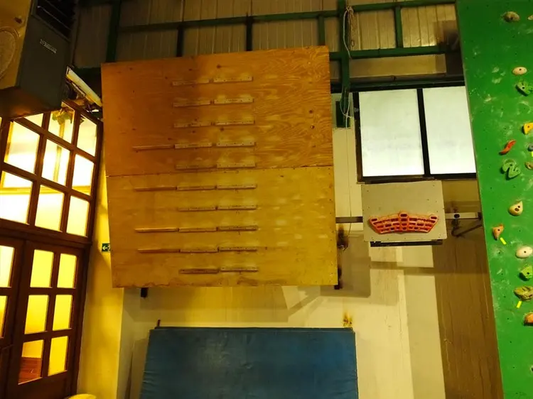 Wooden campus board and a fingerboard beside the bouldering wall