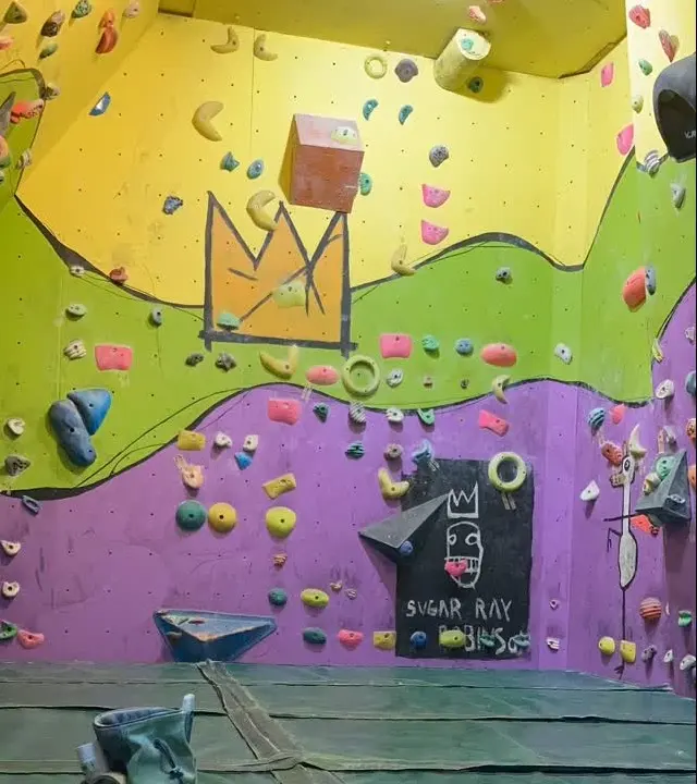 Purple, green and yellow bouldering wall with painted murals between the holds