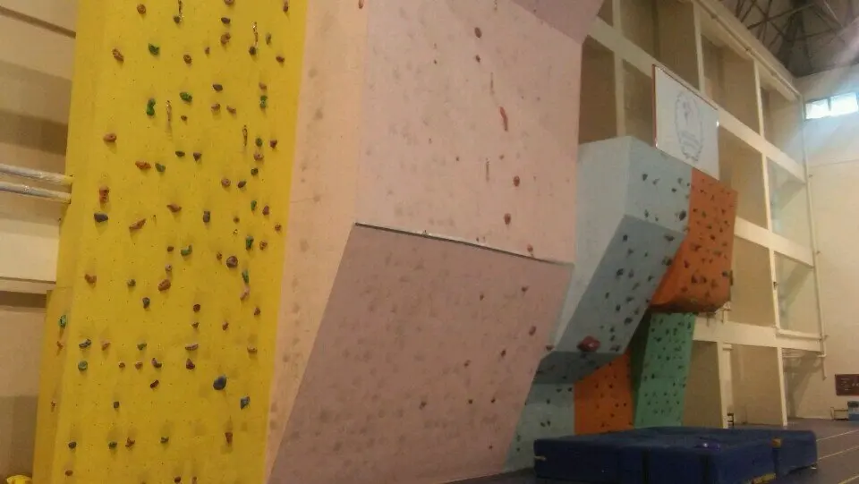 Yellow and pale roped walls beside an angled bouldering section with blue crash mats in the sports hall