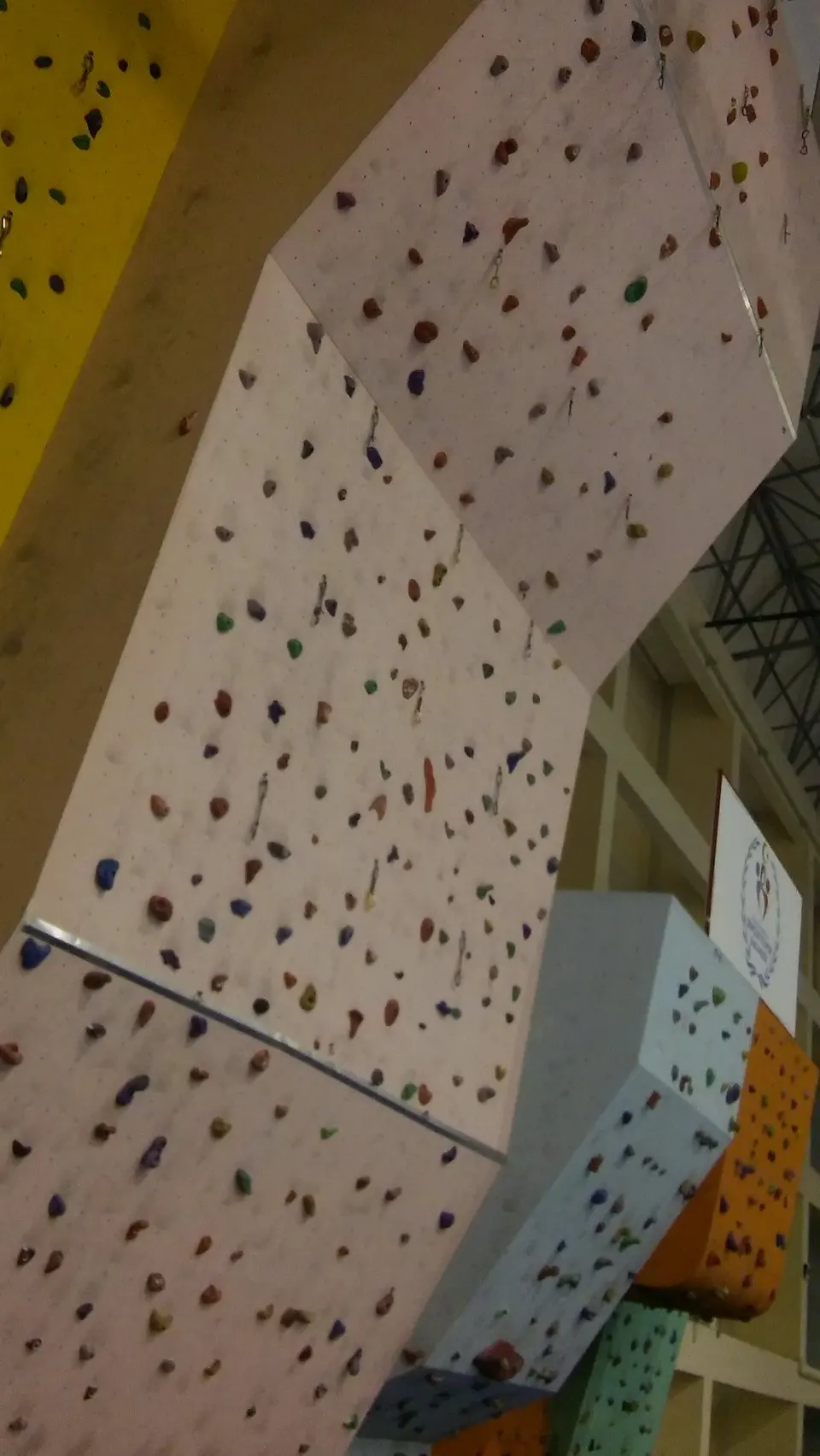 Tall pale climbing wall with overhanging panels and quickdraws, seen from below