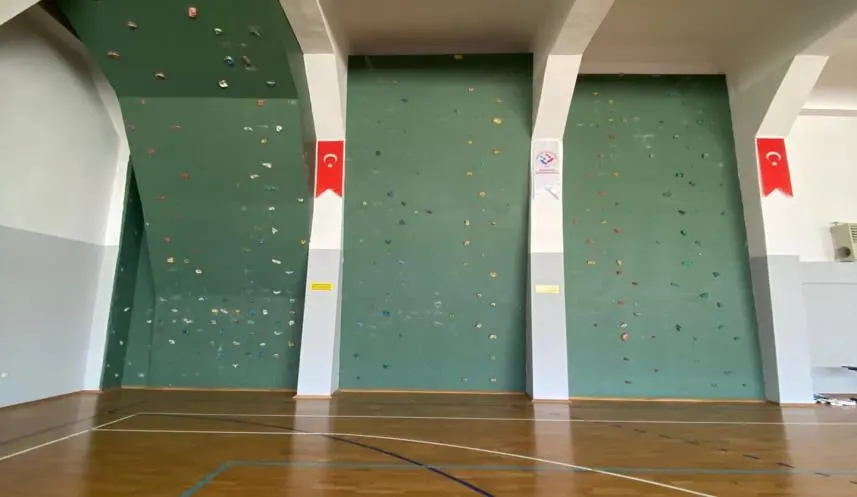 Green climbing wall across three bays between the hall's pillars, with an overhang in the left bay