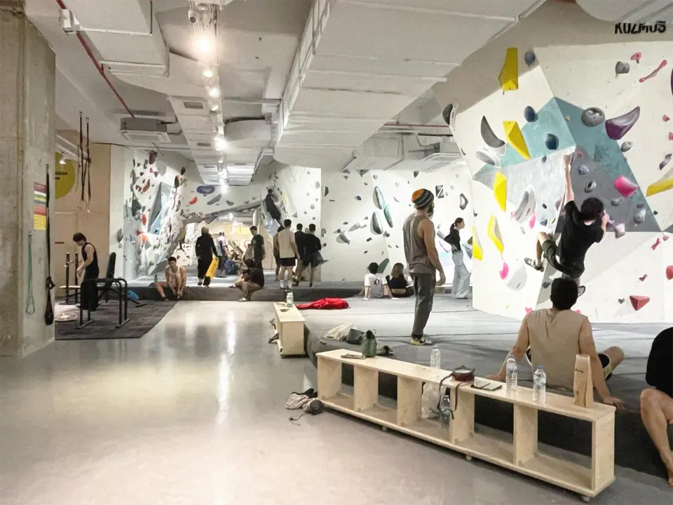Climbers in Boulderhane's bouldering hall at the Metrocity mall in Levent, Istanbul