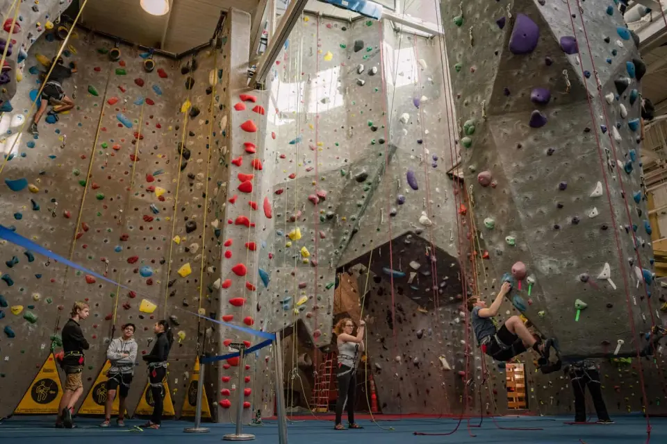 Tall grey rope walls with climbers and belayers below