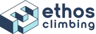 Ethos Climbing logo, a blue isometric block shape beside the name