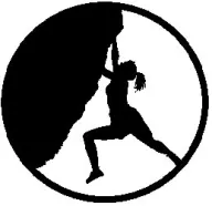 Rock On Climbing logo, a climber silhouette in a black circle