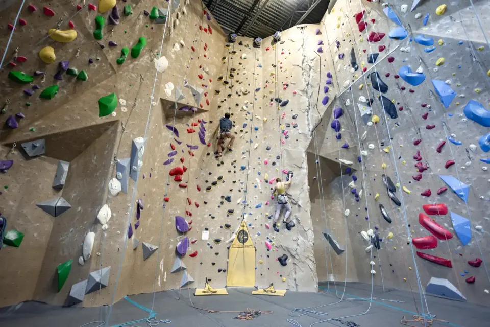Two climbers on auto-belay lanes on a tall wall
