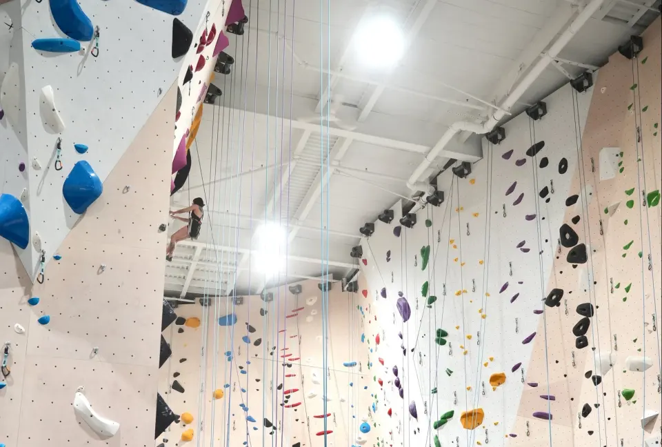 Tall roped walls with hanging ropes and a climber high on the left