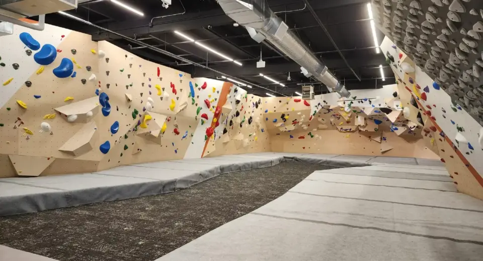 Bouldering hall with plywood walls, colourful holds and grey matting under a black ceiling