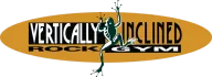 Vertically Inclined Rock Gym logo: a climbing frog over an orange oval