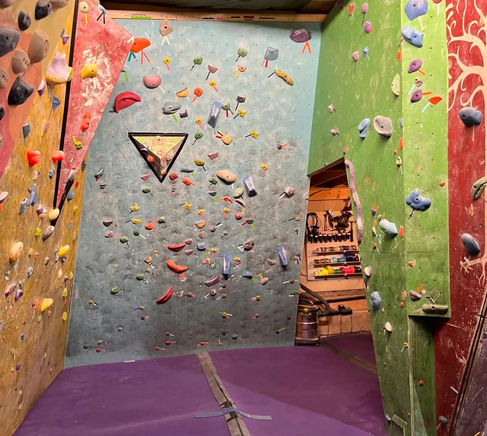 Blue, green and red painted bouldering walls with colourful holds over purple matting