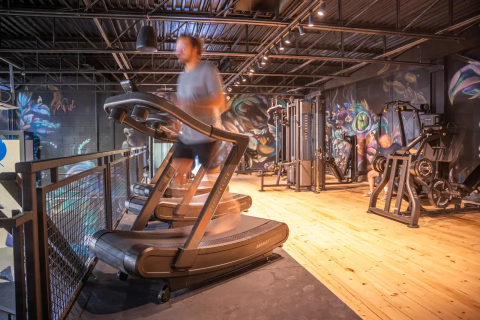 Fitness area with a curved treadmill and strength machines in front of mural-painted walls