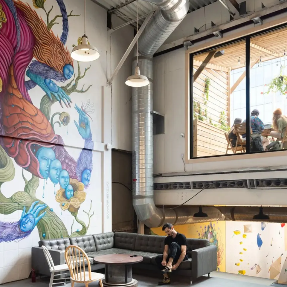 Lounge with a sofa below a large mural, with the terrace window above and bouldering walls behind