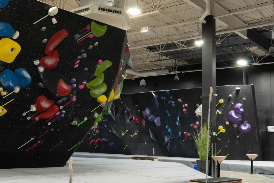 Overhanging black bouldering walls set with colourful holds