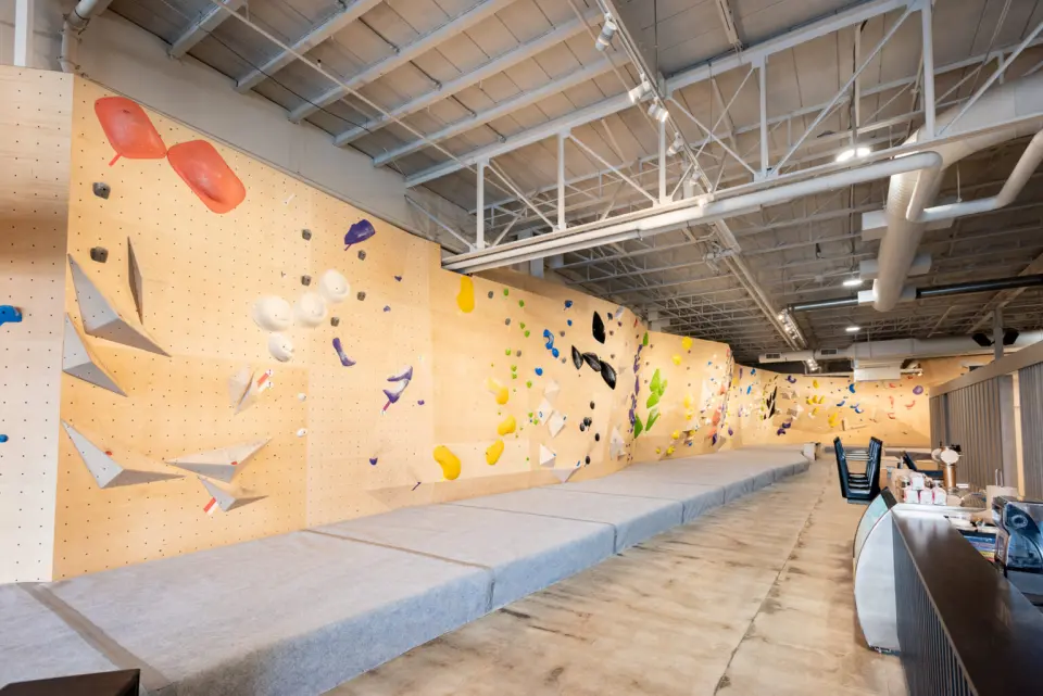 Long wooden bouldering wall above padded matting, running alongside the bistro counter