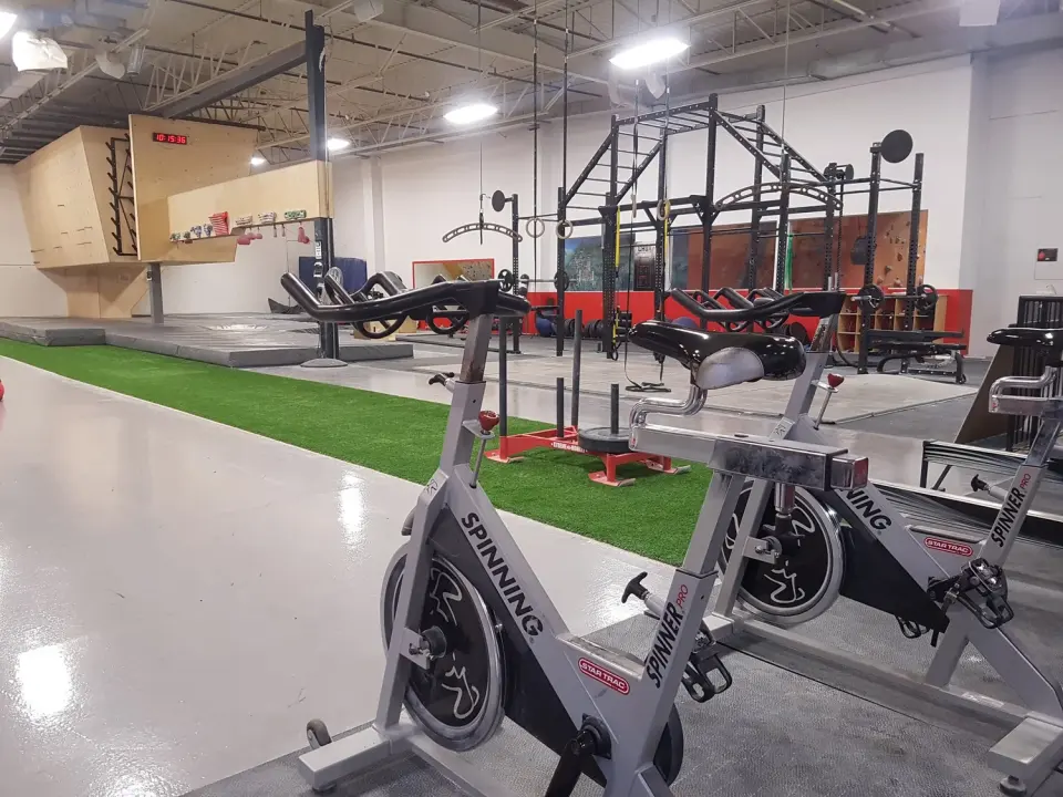 Training area with spin bikes, a weights rig, a turf sled track and a wooden campus board