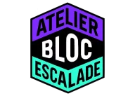 Atelier Bloc Escalade badge logo in purple, black and turquoise