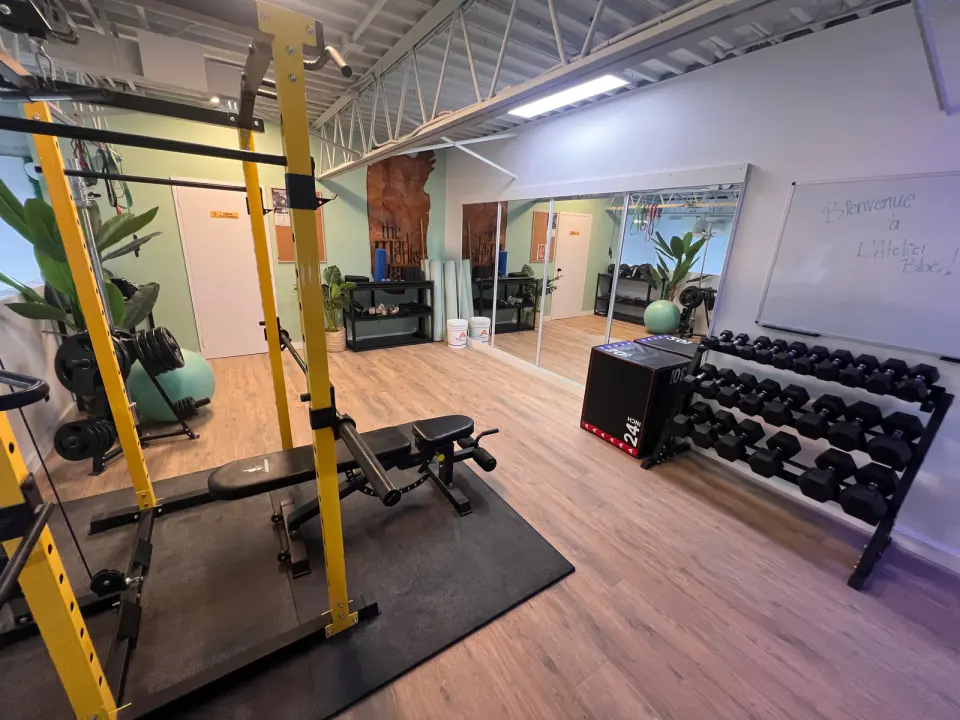 Training room with a squat rack, bench, dumbbell rack and wall mirrors on a wooden floor