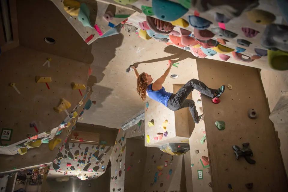 Climber on the steep roof of a bouldering cave covered in colourful holds