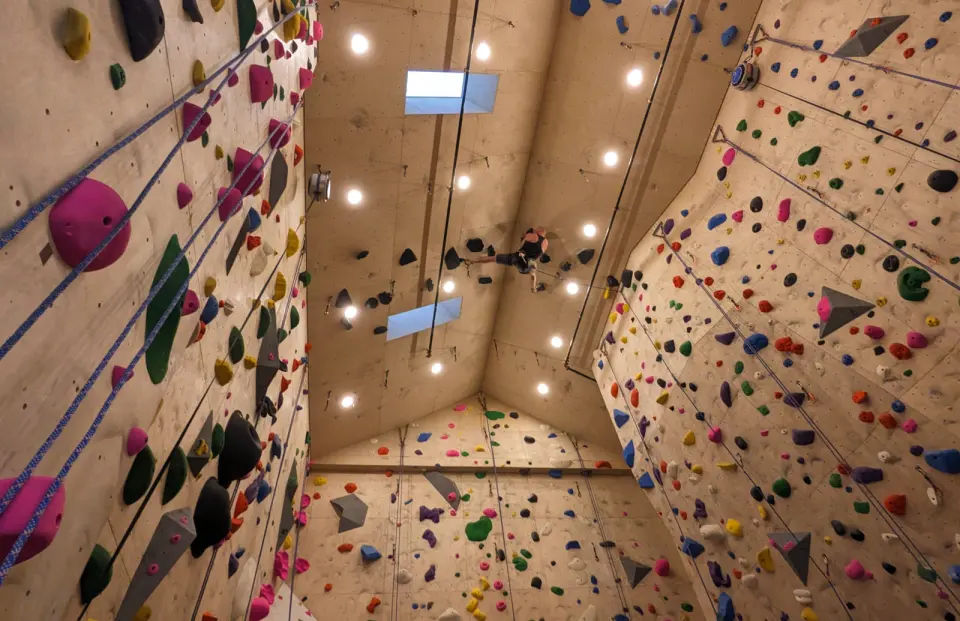 Tall roped climbing walls rising to a peaked ceiling with skylights