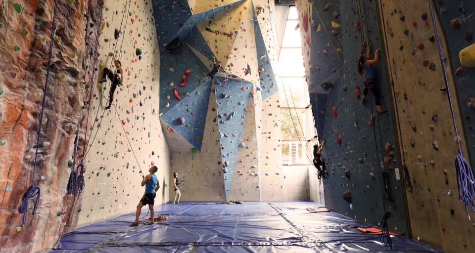 Climbers on tall top-rope walls with angular blue and grey features in a high hall