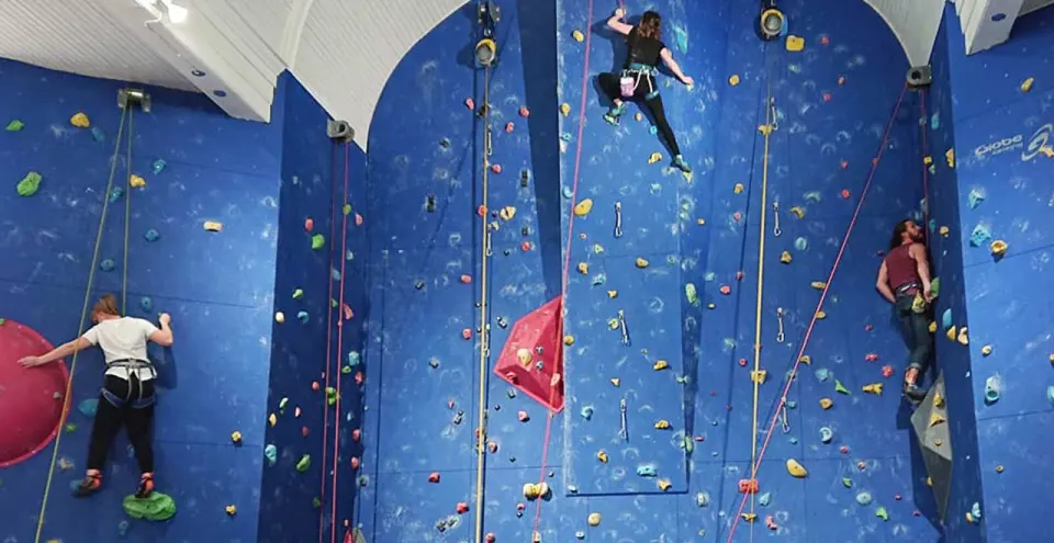 Climbers on rope lines up a tall blue wall with auto-belays, under the church's white arched ceiling
