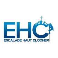 Escalade Haut Clocher logo: blue EHC letters with mountain peaks, a cross and a climber