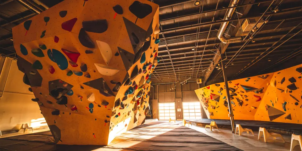 Freestanding wooden boulders with colourful holds in a large, sunlit warehouse hall
