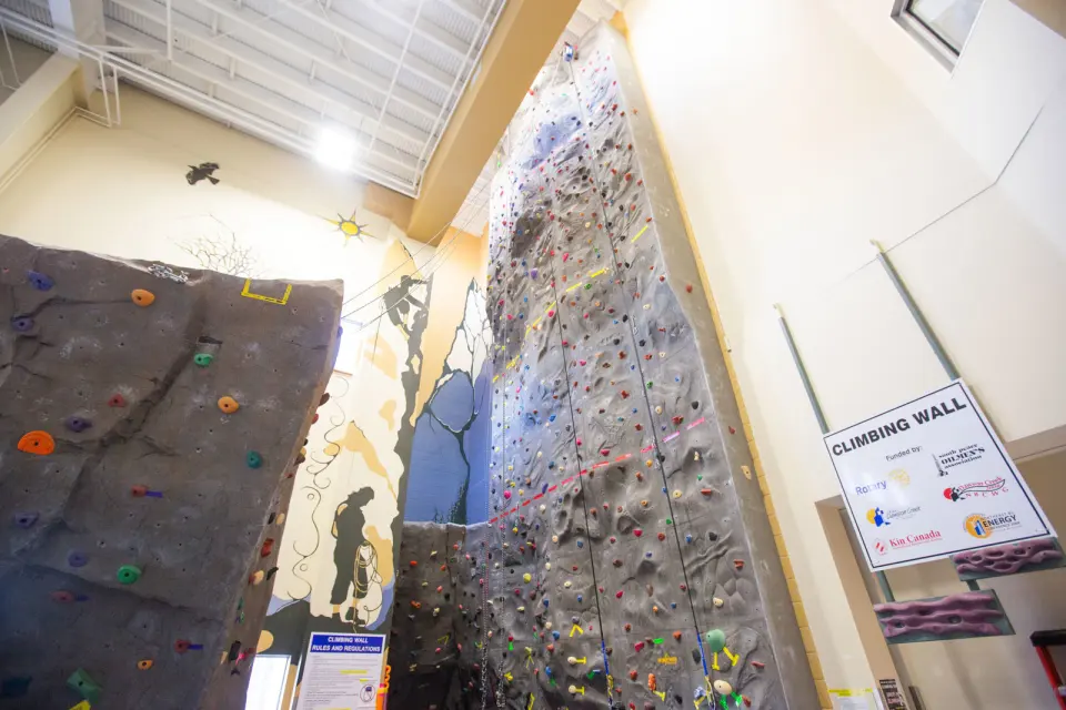Tall grey roped climbing wall beside a free-standing boulder in a bright lobby