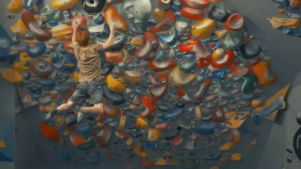 Climber on a steep training board densely covered in holds