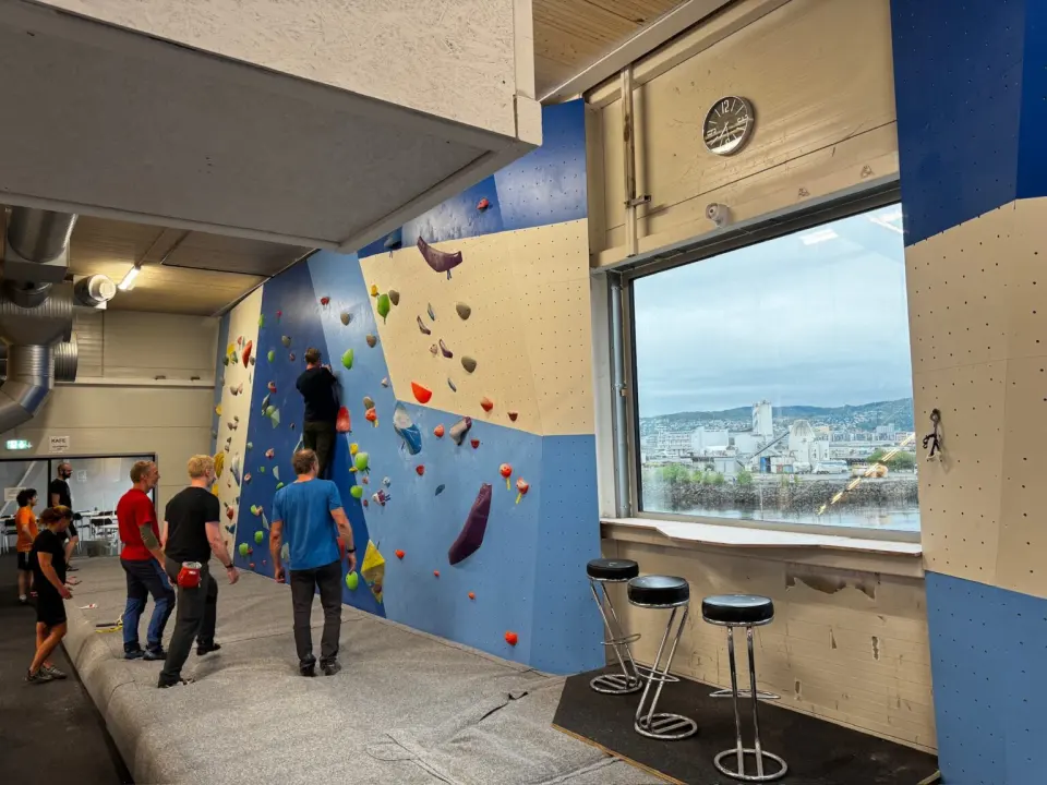 Climbers at a blue and cream bouldering wall beside a large window over the harbour