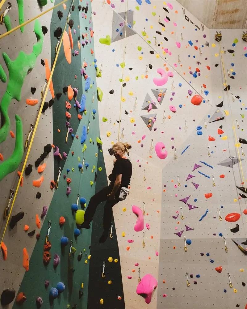 Climber being lowered beside a tall rope wall with colourful holds