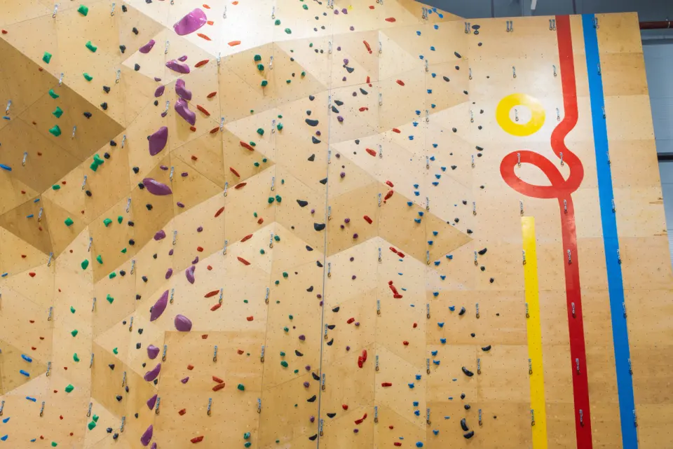 Plywood rope wall covered in holds, with the club's red, yellow and blue stripes