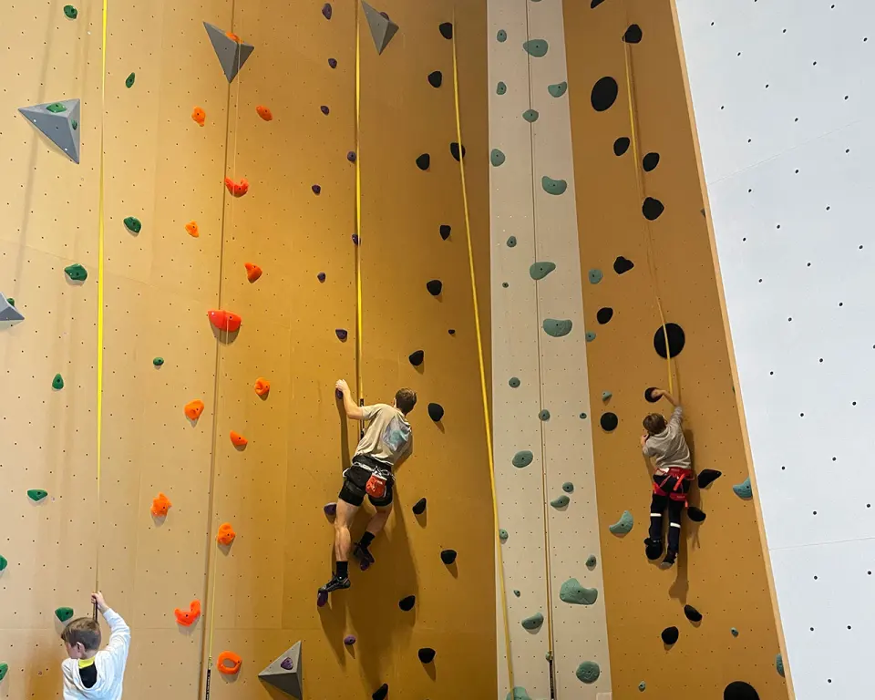 Climbers on auto-belay lines up a tall wooden-panelled wall with coloured holds