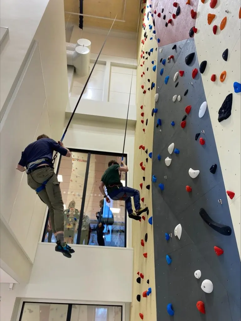 Two climbers lowering on auto-belays beside a tall wall of red, blue and white holds