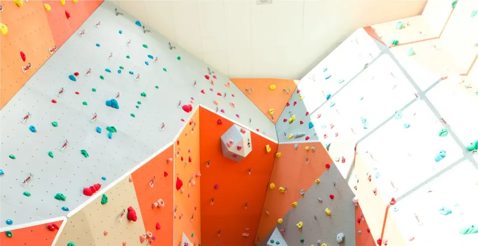 Orange, grey and white climbing walls with quickdraws, lit by a tall window