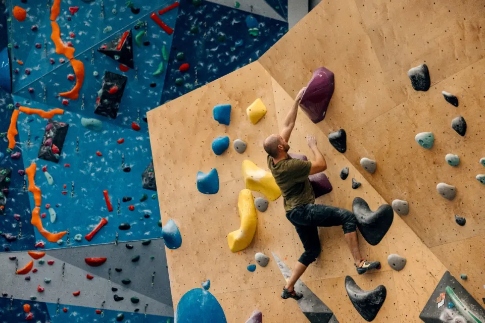 Climber on a plywood bouldering wall with big yellow and purple holds, the blue rope wall behind