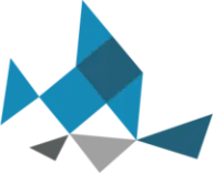 Logo: a bird made of blue and grey triangles