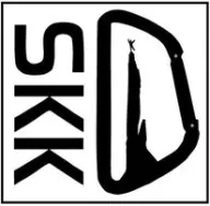 Sunnmørsk Klatreklubb logo: the letters SKK beside a karabiner framing a climber