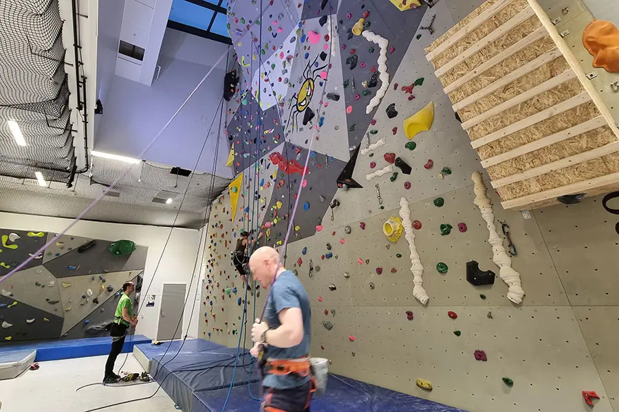 Climbers on top ropes on a grey wall painted with a spider