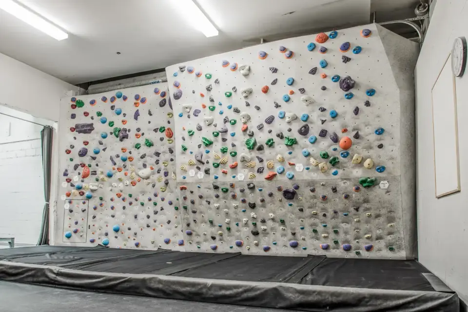 Steep training wall densely covered in holds above black matting