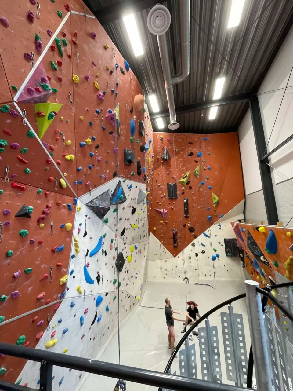 Tall roped walls with quickdraws, seen from the mezzanine