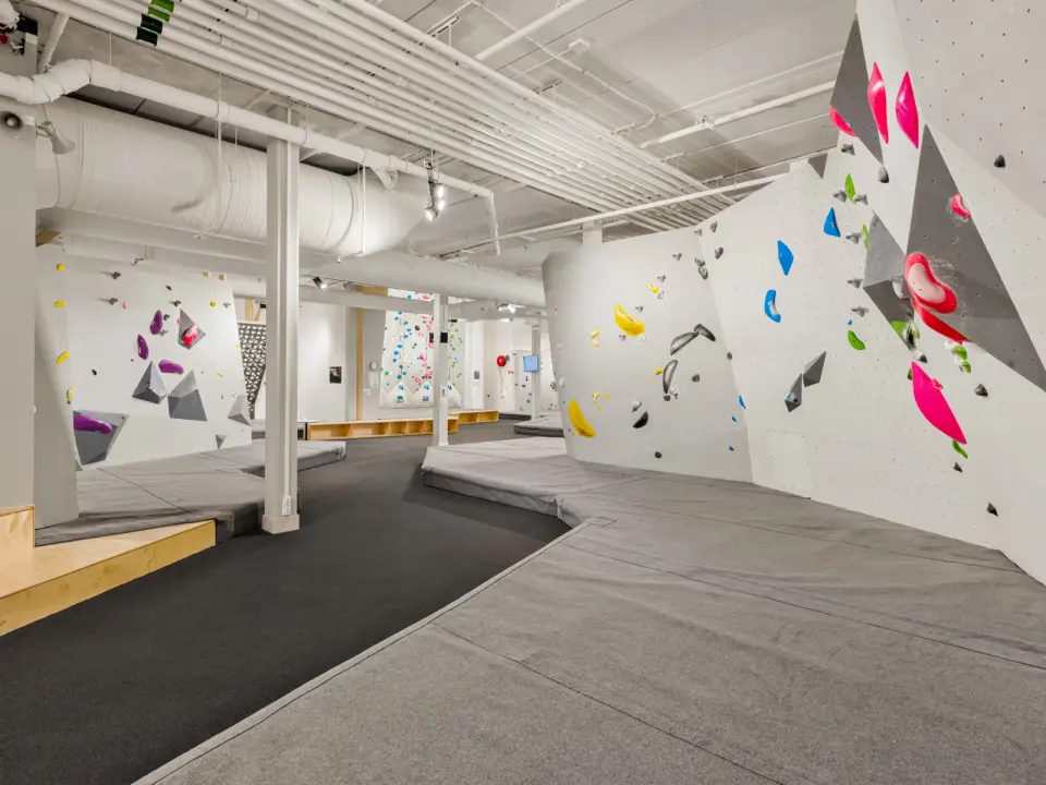 White bouldering walls with colourful holds and volumes above grey matting