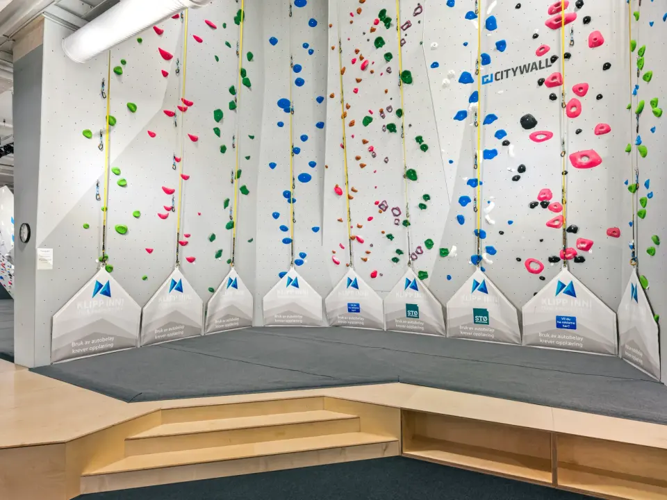 Row of auto-belay lines on a tall wall with coloured holds above a raised mat
