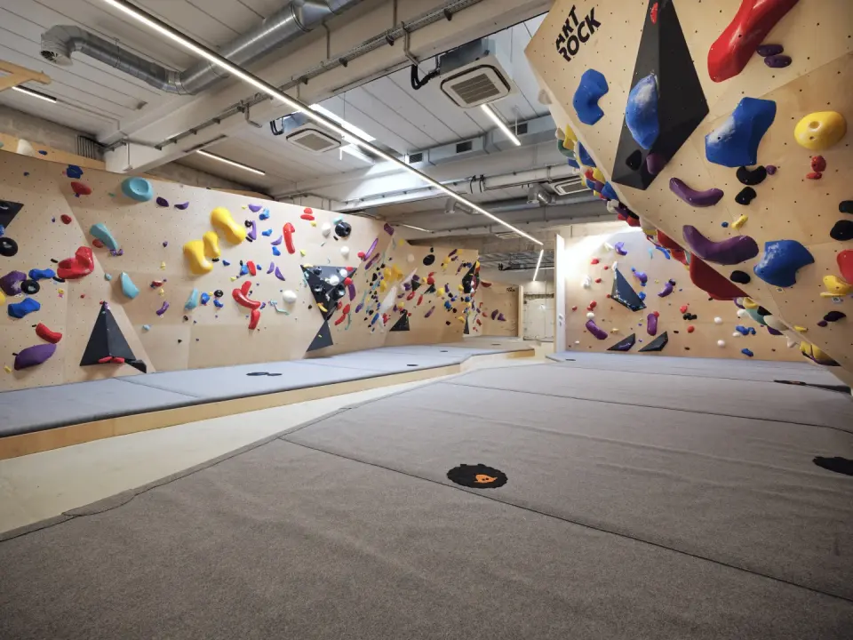 Bouldering hall with wooden walls, colourful holds and grey mats