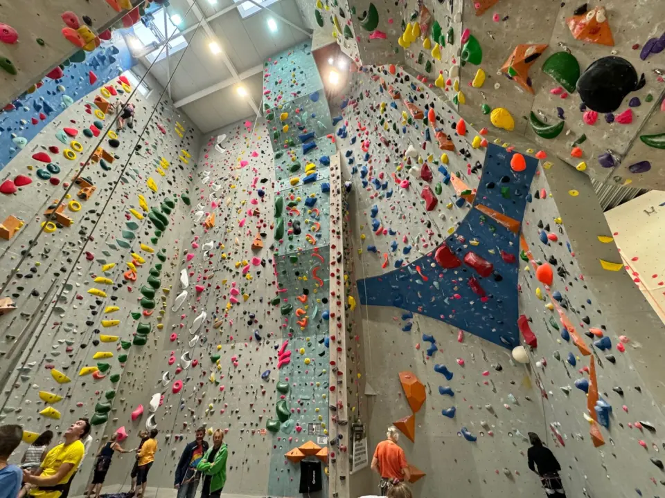 Tall roped climbing walls covered in holds, with climbers and belayers below