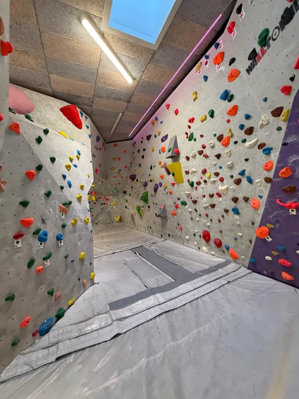 Bouldering walls covered in colourful holds around a matted floor under a skylight