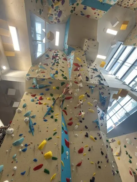 Looking up a tall climbing wall with blue panels and colourful holds