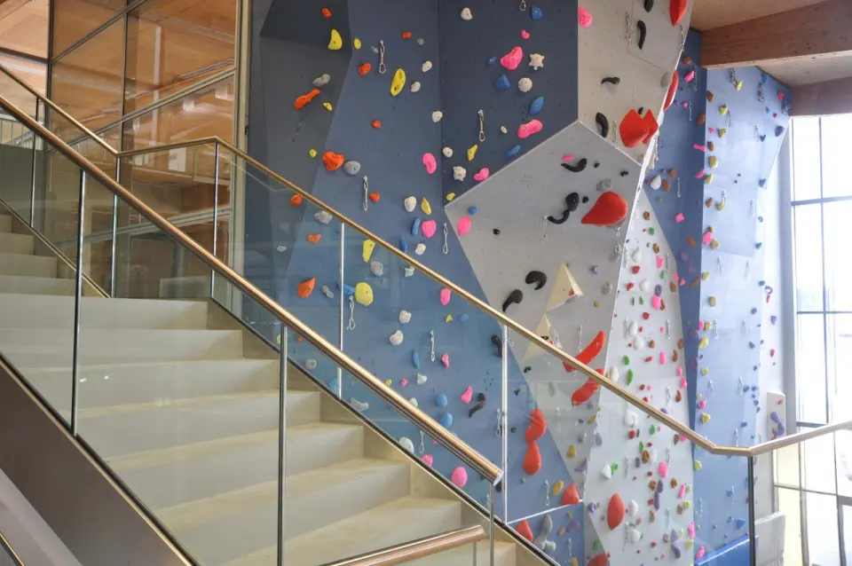 Roped climbing wall rising beside a stone staircase