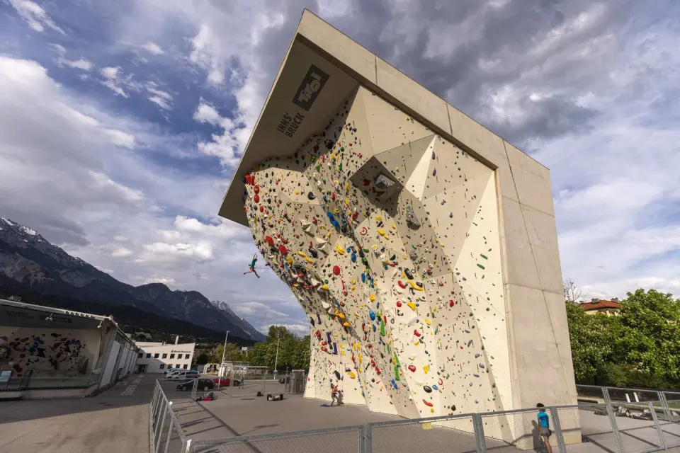 KI Kletterzentrum Innsbruck's outdoor competition tower, with its steep overhanging lead wall