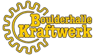 Yellow gear-wheel logo reading Boulderhalle Kraftwerk